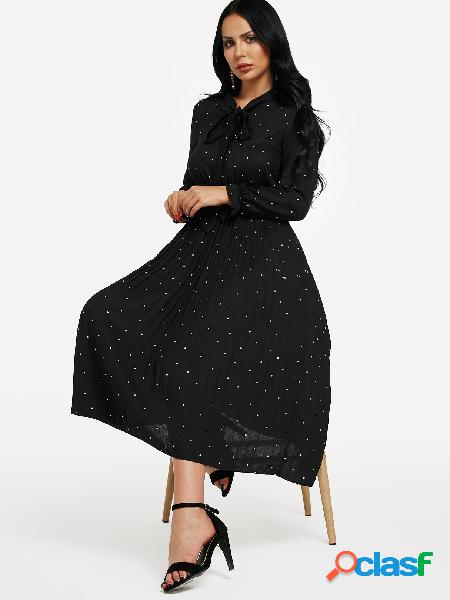 Black Tie-up Neck Polka Dot Maxi Dress