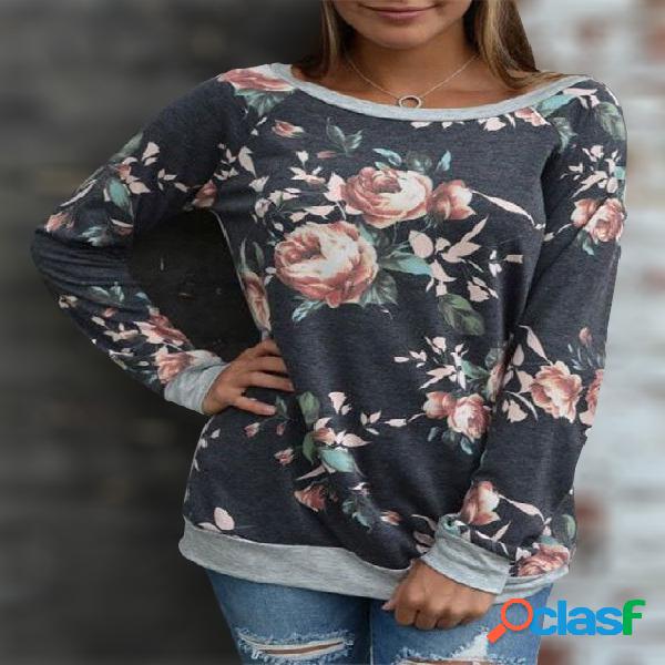 Dark Blue Floral Print Round Neck Long Sleeves T-shirt