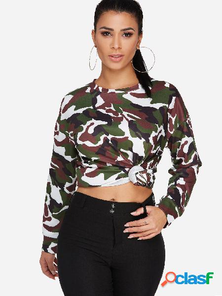 Dark Green Camouflage Round Neck Long Sleeves Sweatshirt