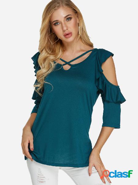 Dark Green Crossed Front Cold Shoulder 3/4 Length sleeves