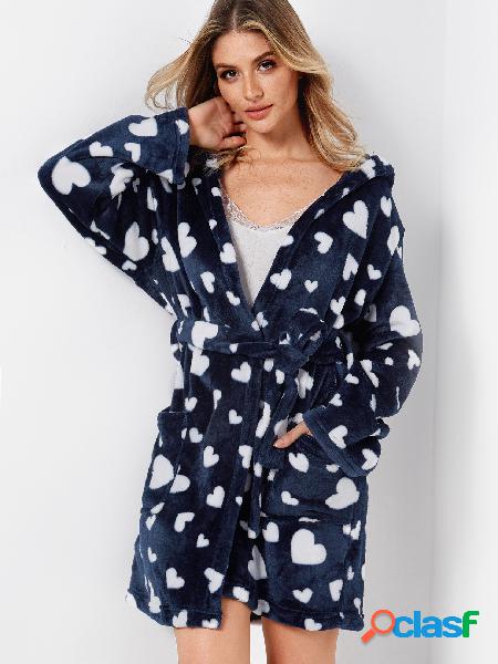 Navy Love Print Slip Pocket Wrap Hooded Robe