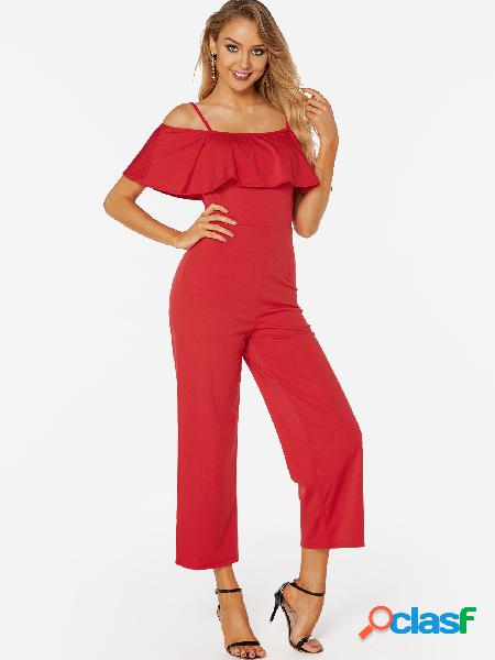 Red Backless Design Off-the-shoulder Overlay Plain Jumpsuit