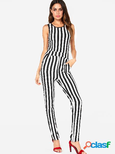 Black Cut Out Back Stripe Round Neck Sleeveless Jumpsuit