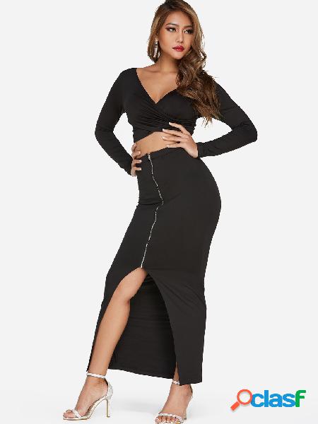 Black Zip Design Crossed Front Long Sleeves Slit Hem Two