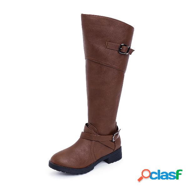 Brown Double Buckles Zip Wide Calf Boots