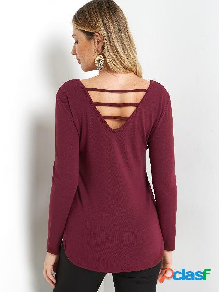 Burgundy Round Neck Ladder Cutout Back Curved Hem Top