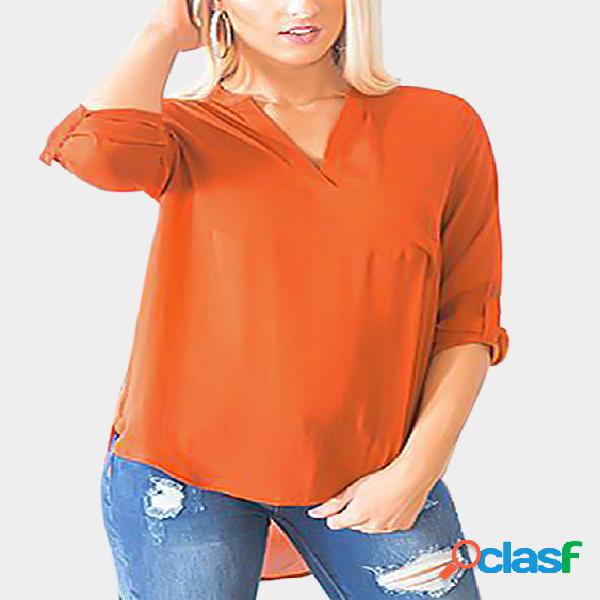 Orange Single Pocket Detail V-neck Curved Hem Chiffon Blouse