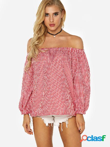 Red Grid Off Shoulder Lantern Long Sleeves Shirt