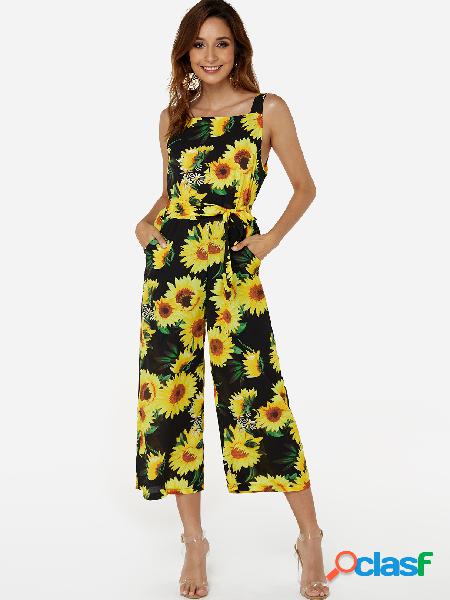 Sunflower Yellow Random Floral Print Spaghetti Jumpsuits