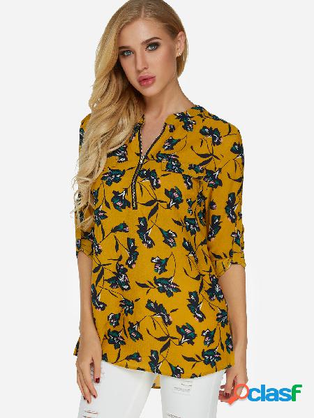 Yellow Random Floral Print Zip Design V-neck Adjustable