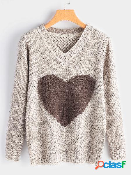 Beige Heart Pattern Round Neck Long Sleeves Knitted Sweater