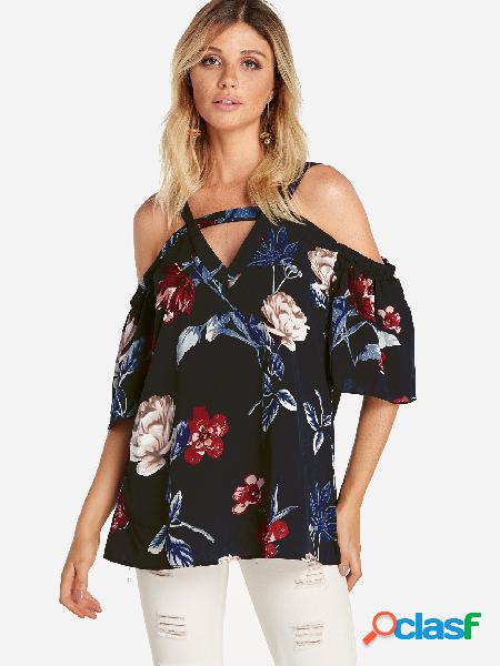 Black Cut Out Random Floral Print Cold Shoulder Half Sleeves