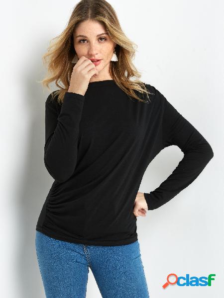 Black Pleated Design Plain Crew Neck Long Sleeves Tee