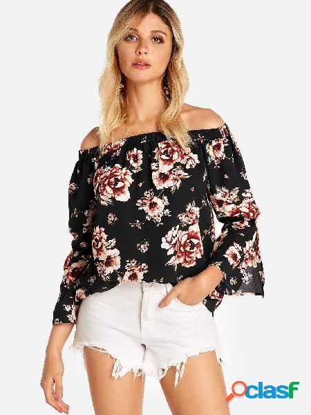 Black Slit Design Floral Print Off The Shoulder Bell Sleeves