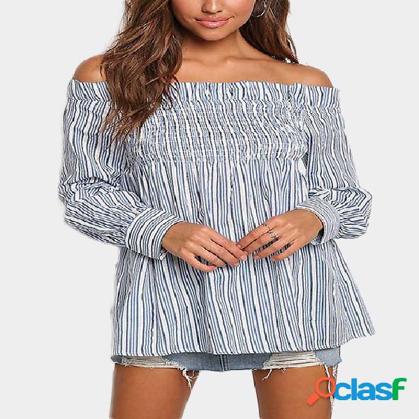 Blue Stripe Off Shoulder Long Sleeves Top