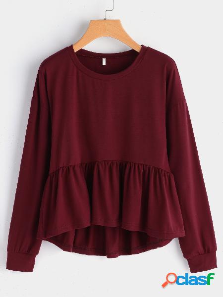 Burgundy Ruffle Details Plain Round Neck Long Sleeves