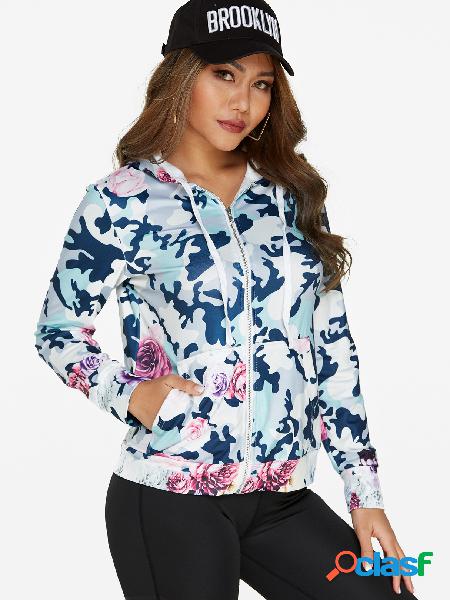 Floral Print Open Front Zip Design Hoodie