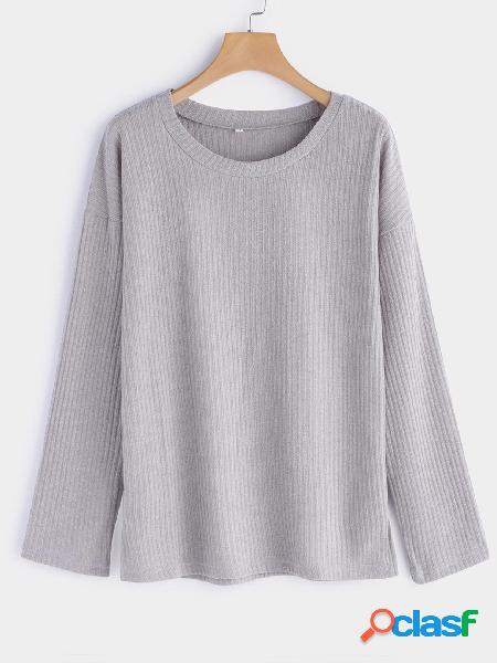 Grey Rib Plain Round Neck Long Sleeves Rib Top