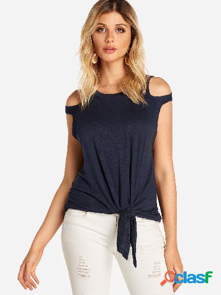 Navy Cut Out Plain Crew Neck Sleeveless Self-te Design Tank