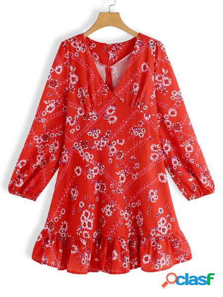 Red Random Floral Print V-neck Lantern Sleeves Ruffle Hem