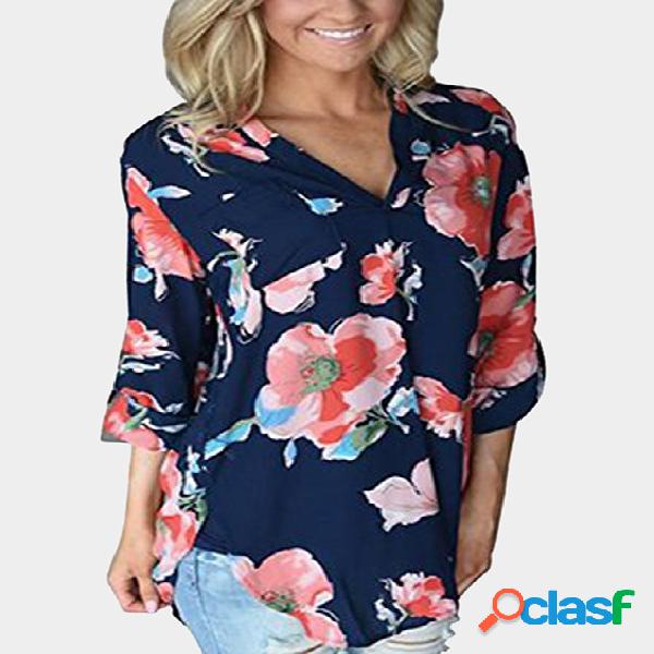 Royal Blue V-neck Roll up Sleeves Random Floral Print Blouse