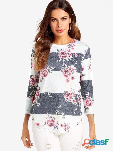 White Random Floral Print 3/4 Length Sleeves Curved Hem
