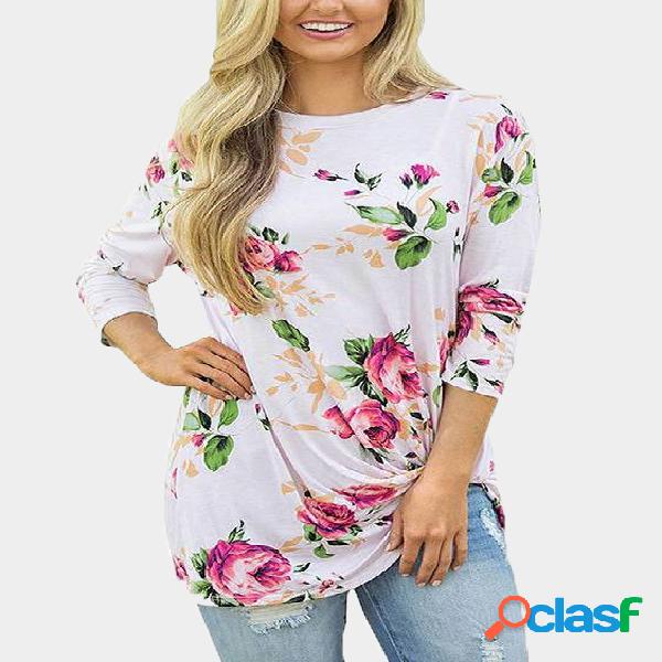 White Random Floral Print Round Neck Long Sleeves T-shirts