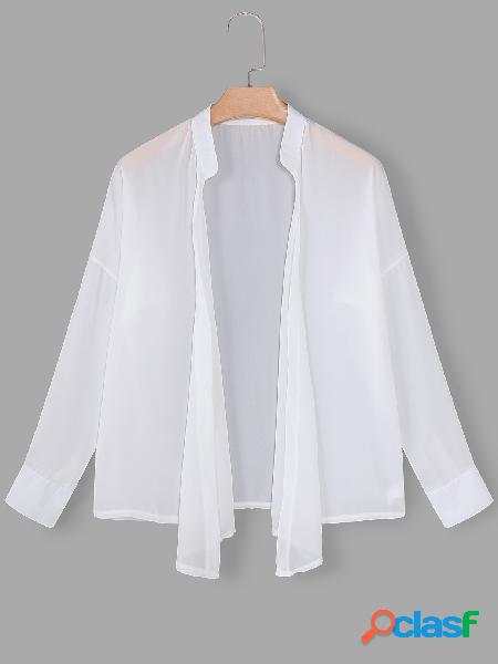 White V-neck Cross Front Long Sleeves Semi Sheer Blouse