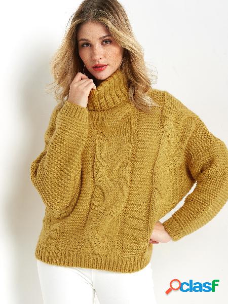Yellow Plain Roll Neck Long Sleeves Loose Fit Sweater