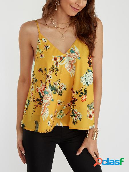 Yellow Random Floral Print V-neck Cami Top