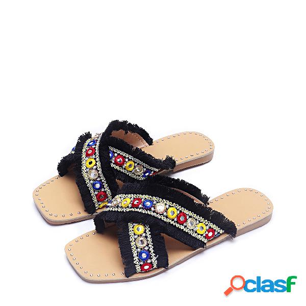 Black Tassel Jewelled Design Slippers