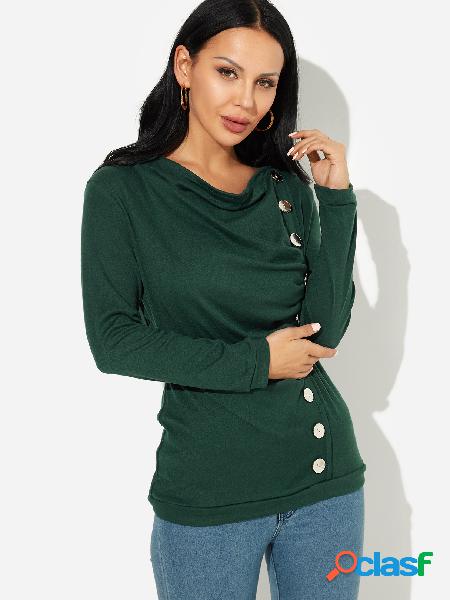 Green Cowl Neck Button-down Long Sleeve Tee