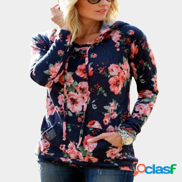 Navy Casual Floral Print Front Pockets Hoodie
