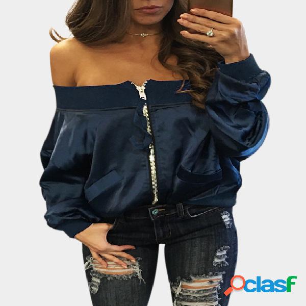 Navy Off-The-Shoulder Long Sleeves Jacket