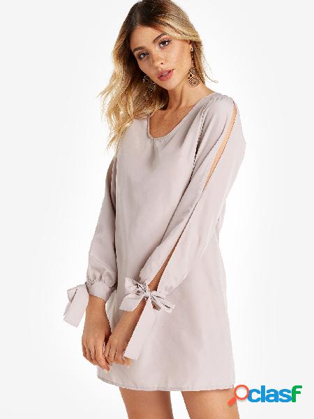 Beige Self-tie Design Cold Shoulder Long Sleeves Dress