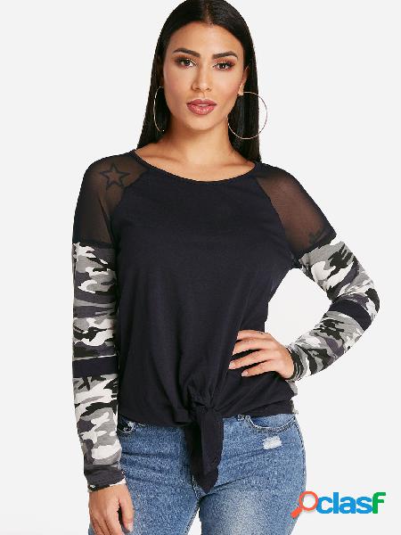 Black Camouflage Patchwork Crew Neck Self Tie Design Long