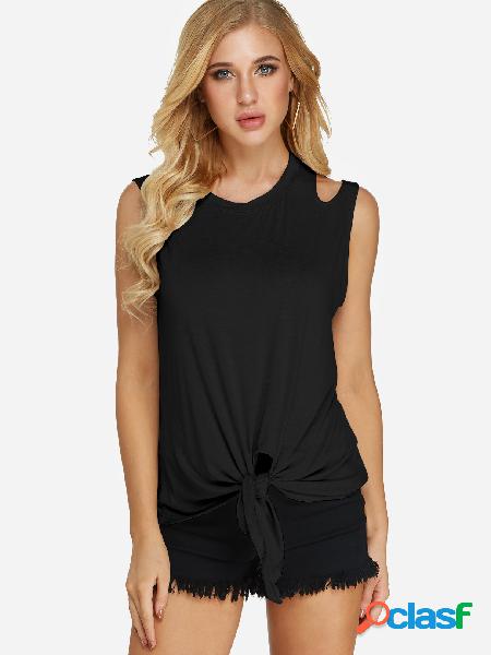 Black Cut Out Plain Crew Neck Sleeveless Self-tie Design