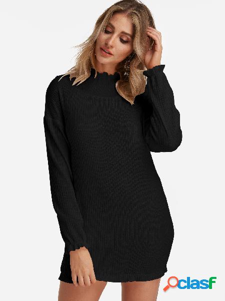 Black Flared Design High Neck Long Sleeves Mini Dress