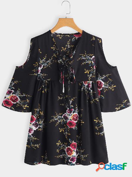 Black Self-tie Design Random Floral Print Cold Shoulder 3/4
