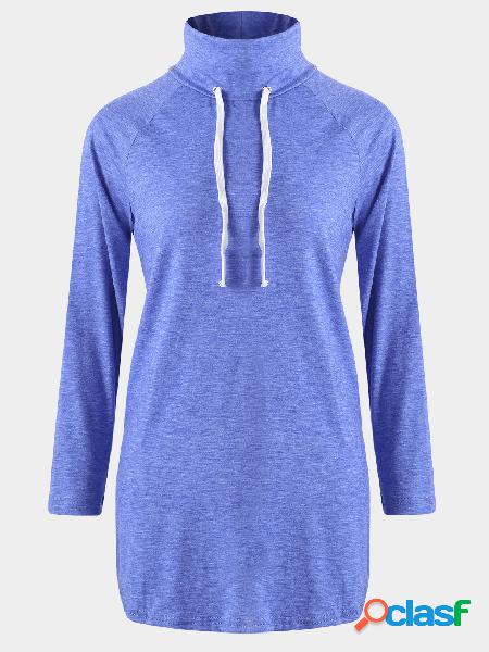 Blue Drawstring High Neck Long Sleeves Curved Hem Shirt