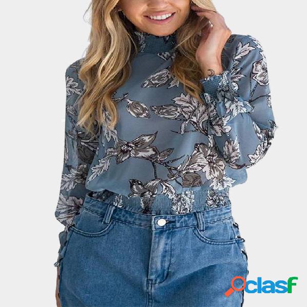 Blue Random Floral Print Long Sleeves Blouse