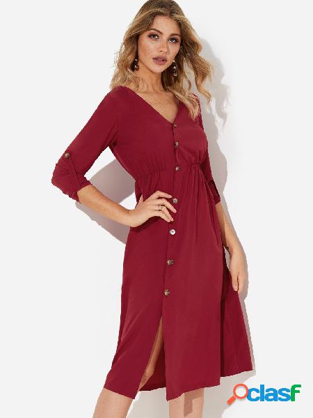 Burgundy V-neck Long Sleeves Button Design Dress