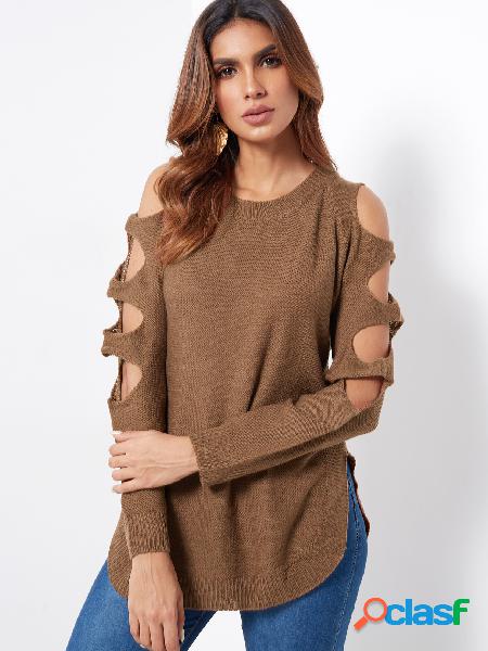 Coffee Cut Out Plain Crew Neck Long Sleeves Slit Hem