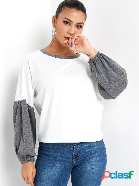 Color Block Plain Crew Neck Long Elastic Sleeves Tee