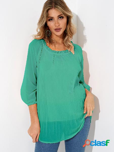 Green Pleated Design Round Neck Long Sleeves Blouse