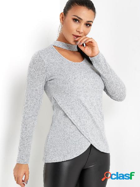 Grey Cut Out Front Design Perkins Collar Irregular Hem Long