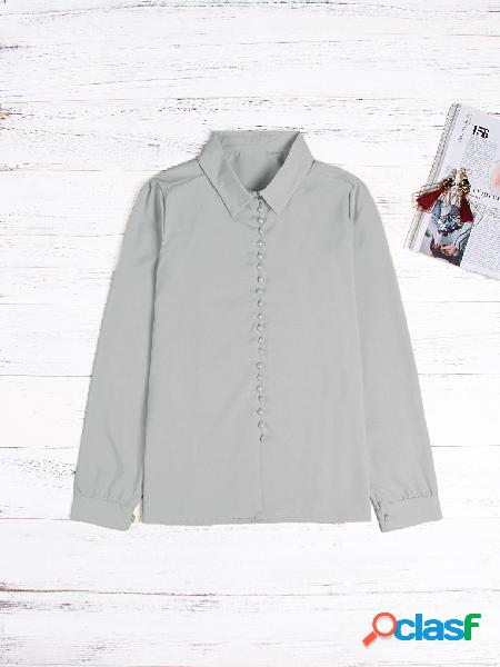 Grey Lapel Collar Long Sleeves Blouse