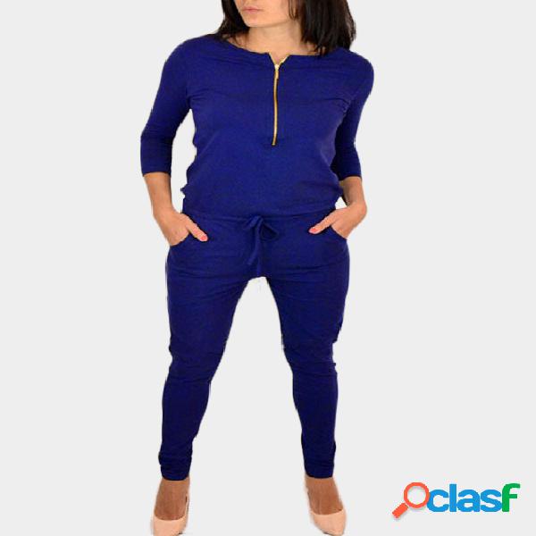 Blue Zipper 3/4 Length Sleeves Drawstring Waist Jumpsuit