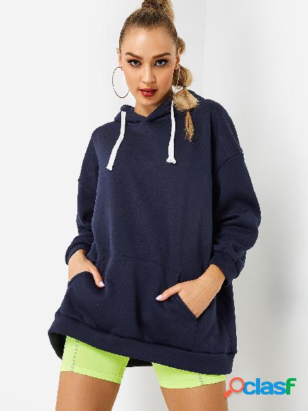 Navy Hooded Design Plain Long Sleeves Hoodie With Slip