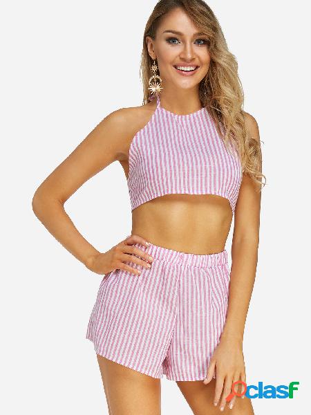 Pink Self-tie Design Stripe Sleeveless Two Piece Outfits